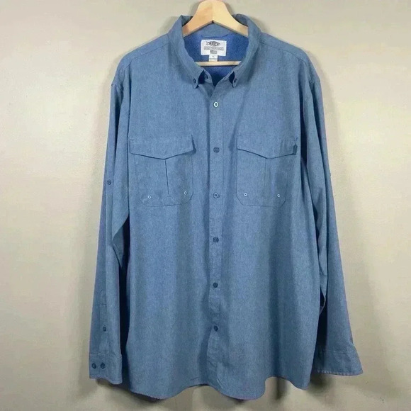 AFTCO SKYLARK LONG SLEEVE TECH SHIRT, AIR FORCE BLUE HEATHER, SIZE XL FISHING - Picture 2 of 10